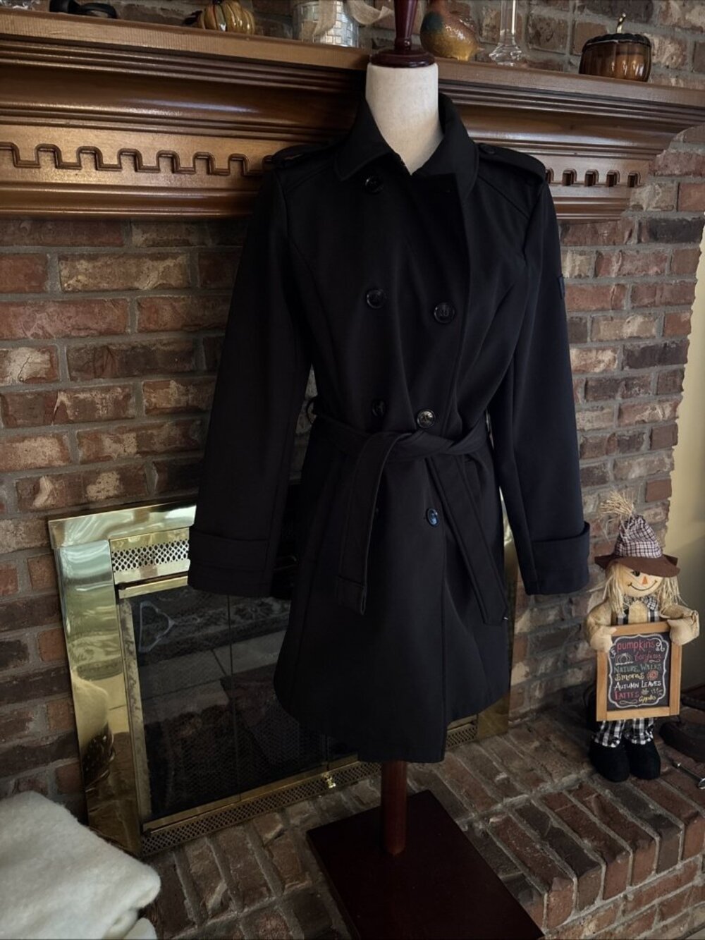 Ralph Lauren ladies Black Tie Front Jacket Size Small Double Button Trench Coat